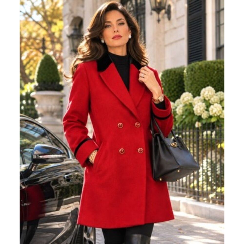 Vintage Herman Kay Red Wool Coat 14 Black Velvet Collar Double Breasted USA